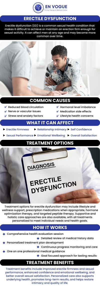 Erectile dysfunction can manifest in several ways, including difficulty getting or maintaining an erection firm enough for sex, and reduced sexual desire. These symptoms can be caused by various factors like underlying health conditions, medications, or emotional stress. If you or someone you love is dealing with erectile dysfunction, our medical doctors at En Vogue IV Therapy & Wellness Center would be happy to lend their expertise and experience to help you out! For more information, contact us today or book an appointment online. We are conveniently located at 44 2nd St Pike Suite 303 Southampton, PA 18966.